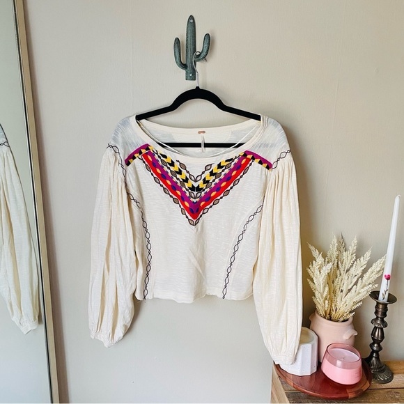 Free People Boho Embroidered Long Sleeve Hand Me Down Top - Picture 5 of 13